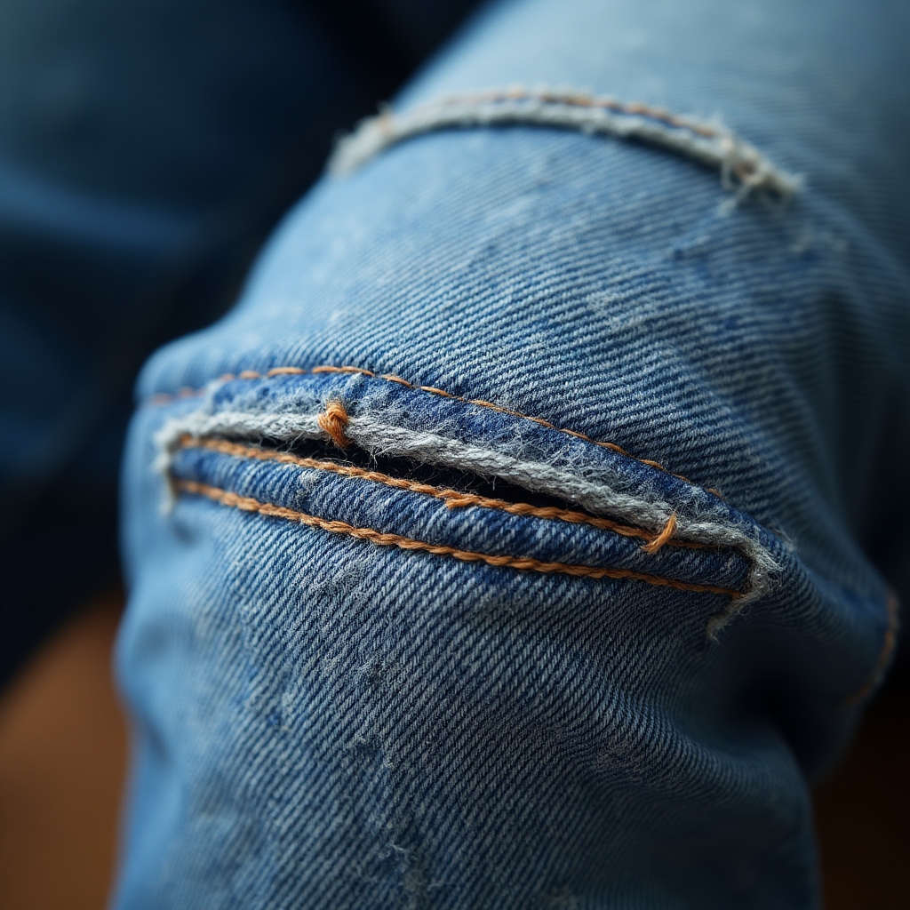 Nahaufnahme einer handgenähten Reparatur an einer Jeanshose