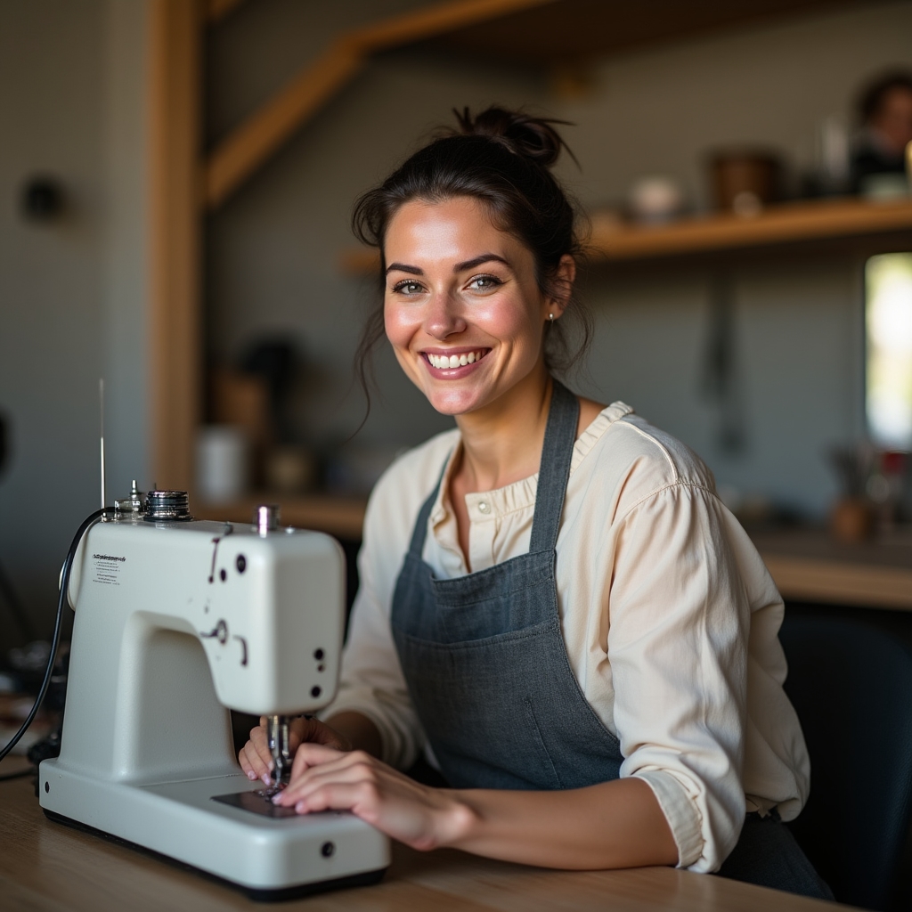 Porträt einer Näherin an ihrem Arbeitsplatz mit Nähmaschine