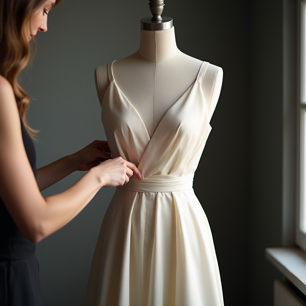 Änderungsarbeit an einem eleganten Kleid auf einer Schneiderpuppe